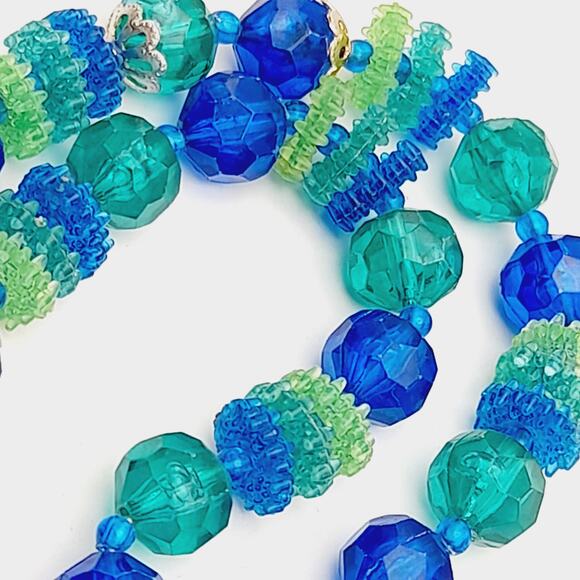 Vintage Hong Kong Early Plastic Two Strand Beaded Necklace, Green Blue Beads - Picture 6 of 10